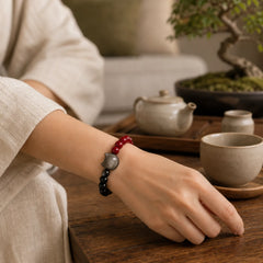 Black Obsidian Cinnabar Silver Sheen Obsidian Cat Fulfilment Bracelet featuring Black Obsidian, Cinnabar, Silver
