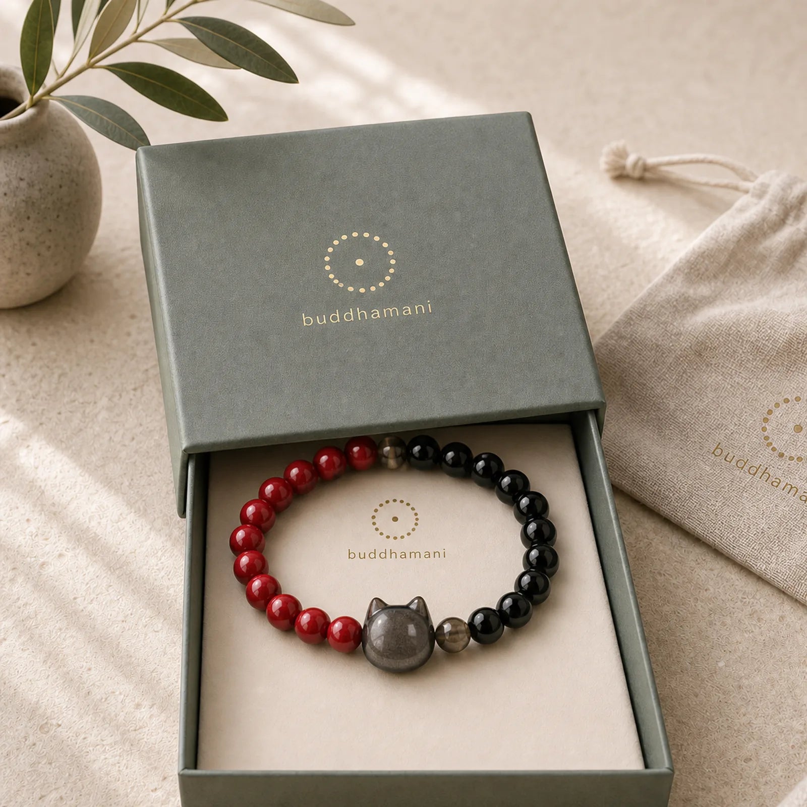 Black Obsidian Cinnabar Silver Sheen Obsidian Cat Fulfilment Bracelet featuring Black Obsidian, Cinnabar, Silver