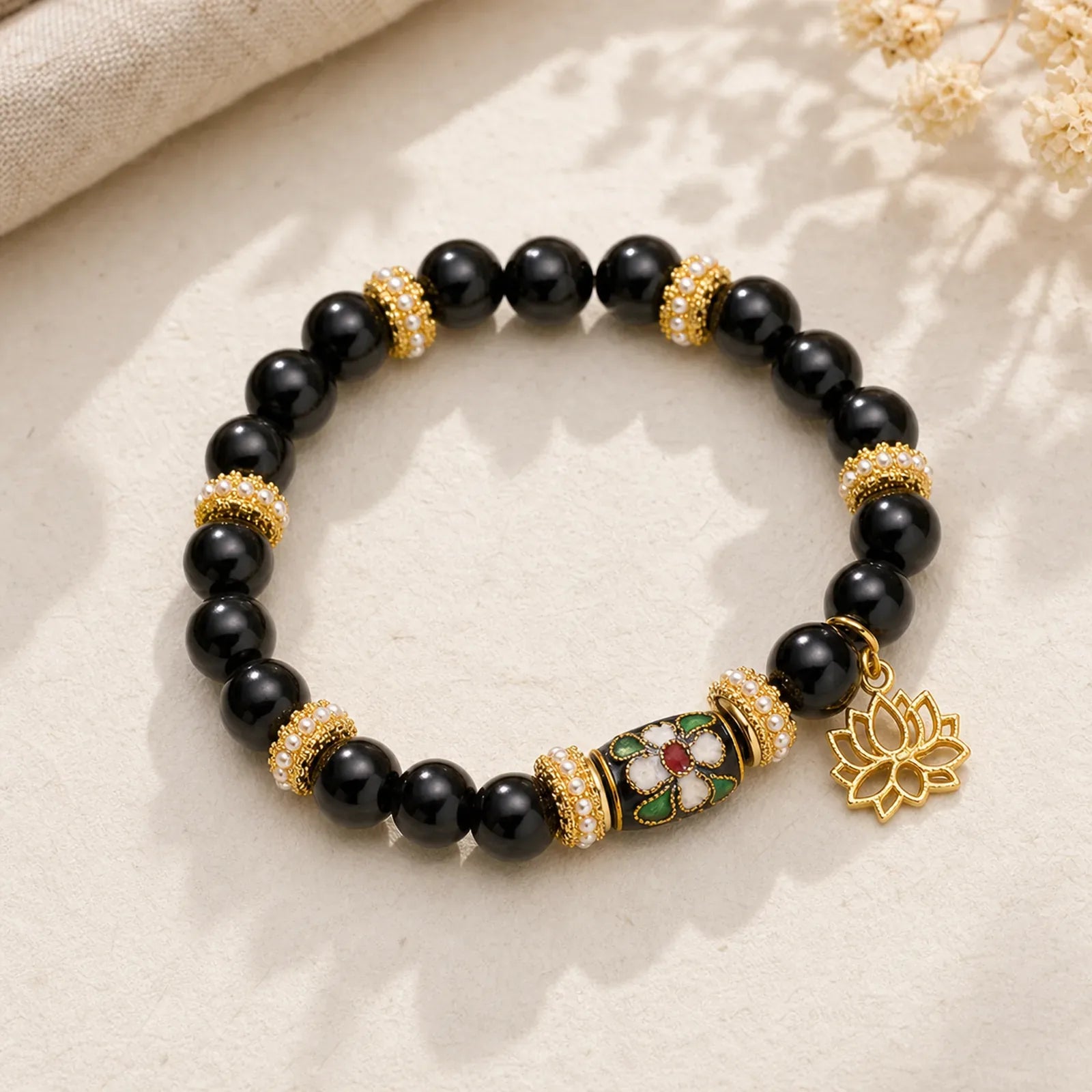 Black Obsidian Cloisonné Enamel Flowers Lotus Pendant Protection Round Bead Bracelet featuring Black Obsidian, Lotus, Lotus Symbol