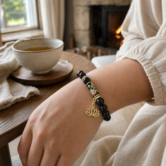 Black Obsidian Cloisonné Enamel Flowers Lotus Pendant Protection Round Bead Bracelet featuring Black Obsidian, Lotus, Lotus Symbol