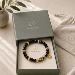Black Obsidian Cloisonné Enamel Flowers Lotus Pendant Protection Round Bead Bracelet featuring Black Obsidian, Lotus, Lotus Symbol