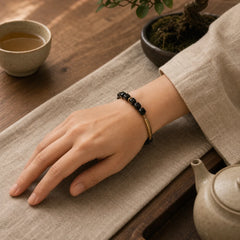Black Obsidian Crystal Copper Strength Couple Bracelet featuring Black Obsidian, Copper