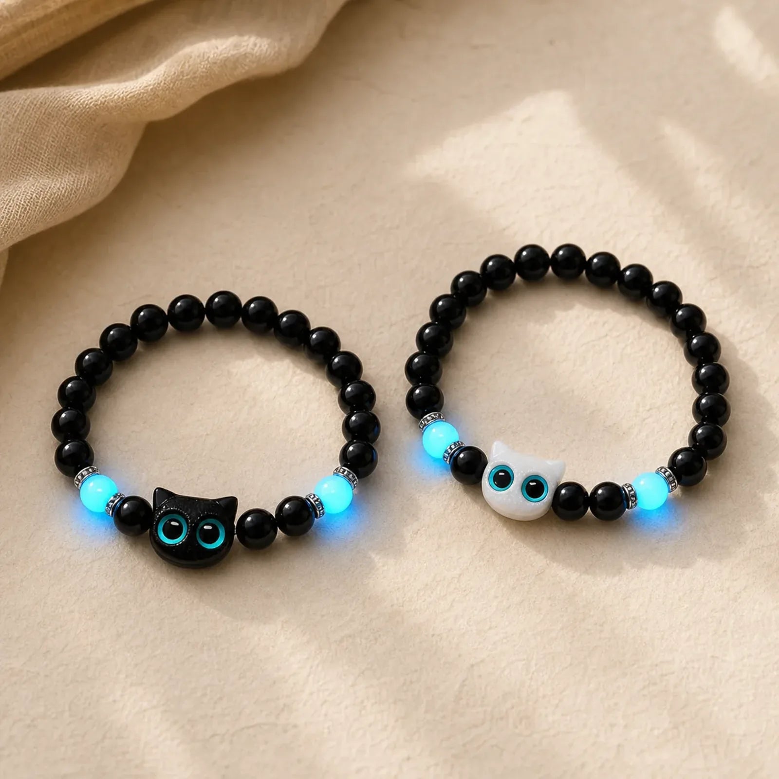 Black Obsidian Cute Big Eye Cat Protection Beaded Bracelet featuring Black Obsidian, Copper