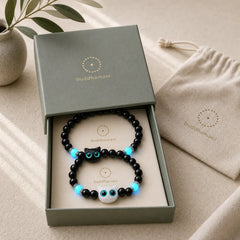 Black Obsidian Cute Big Eye Cat Protection Beaded Bracelet featuring Black Obsidian, Copper