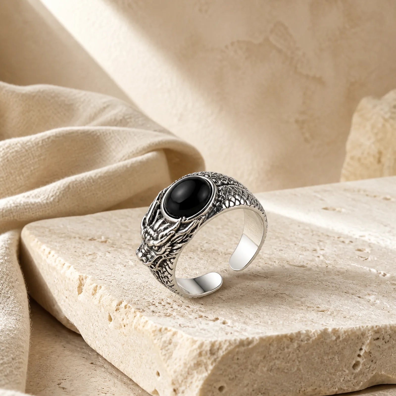 Black Obsidian Dragon Purification Open Ring featuring Black Obsidian, Dragon, Copper