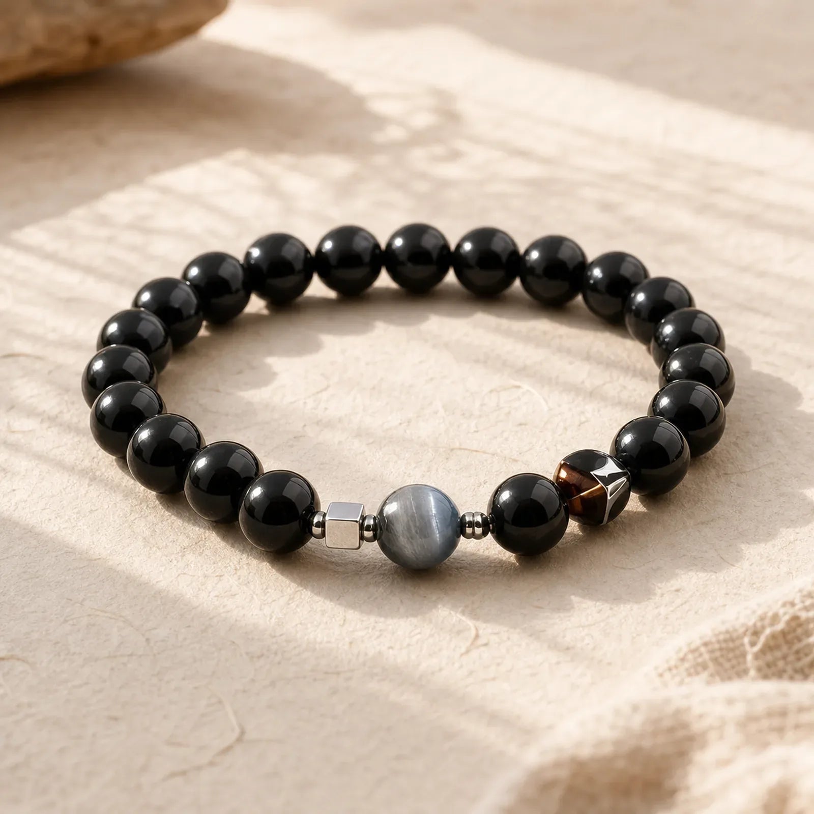 Black Obsidian Eagle's Eye Stone Gold Sheen Obsidian Tiger's Eye Strength Bracelet featuring Black Obsidian, Eagle's Eye Stone, Gold Sheen Obsidian