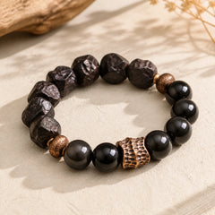 Black Obsidian Ebony Wood Copper Strength Couple Bracelet featuring Black Obsidian, Ebony Wood, Ebony