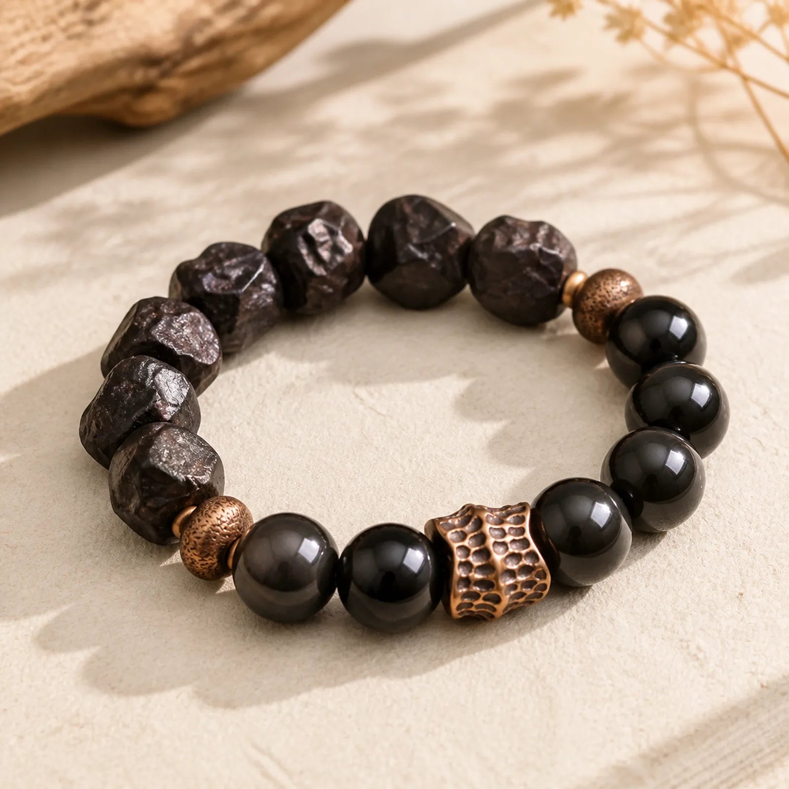 Black Obsidian Ebony Wood Copper Strength Couple Bracelet featuring Black Obsidian, Ebony Wood, Ebony