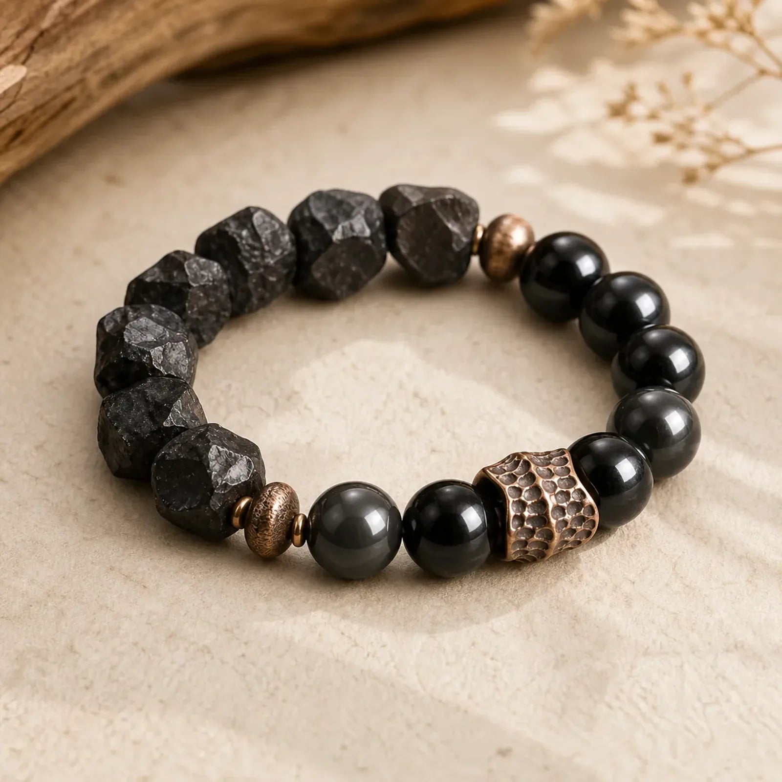 Black Obsidian Ebony Wood Copper Strength Couple Bracelet (Extra 30% Off | USE CODE: FS30) featuring Black Obsidian, Ebony Wood, Ebony