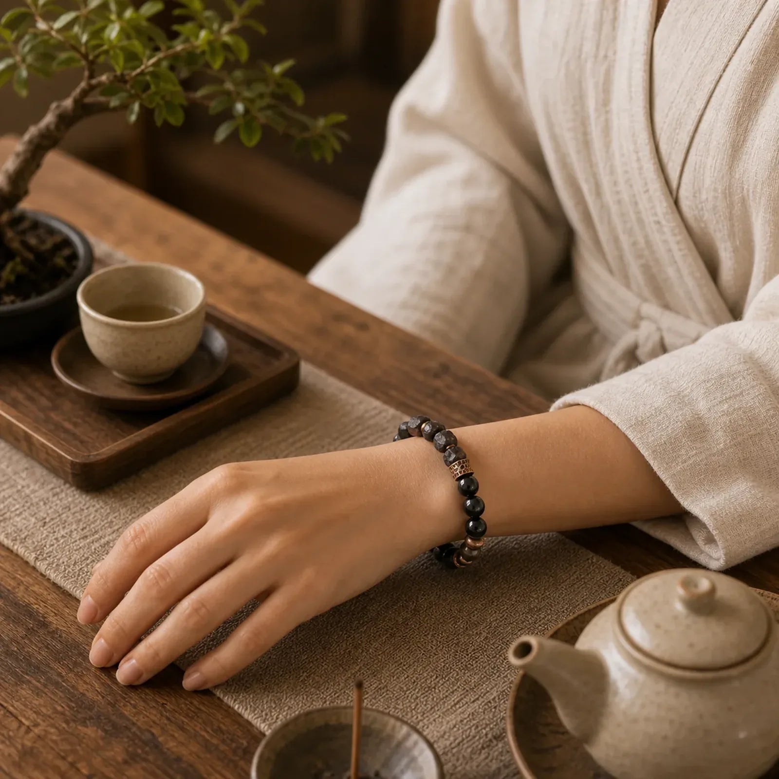Black Obsidian Ebony Wood Copper Strength Couple Bracelet (Extra 30% Off | USE CODE: FS30) featuring Black Obsidian, Ebony Wood, Ebony