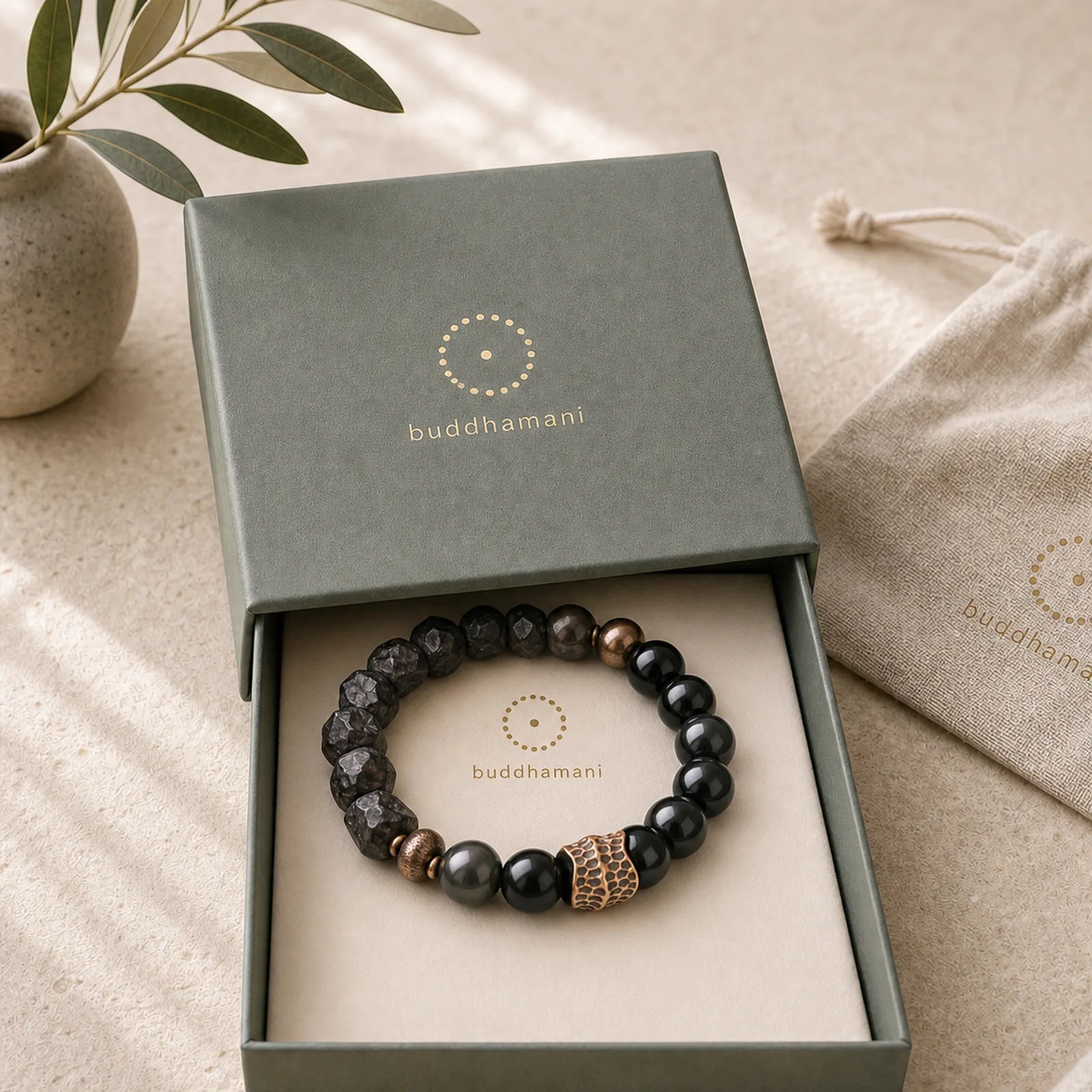 Black Obsidian Ebony Wood Copper Strength Couple Bracelet featuring Black Obsidian, Ebony Wood, Ebony