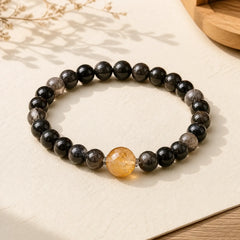 Black Obsidian Grounding Hand-Woven New Chinese Round Bracelet featuring Black Obsidian, Citrine, Green Phantom
