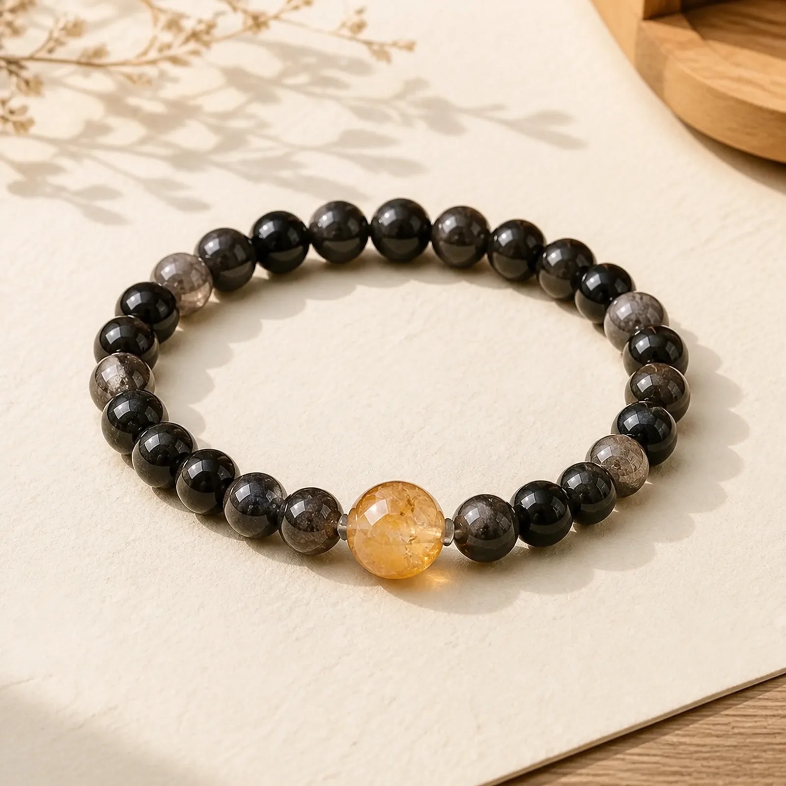 Black Obsidian Grounding Hand-Woven New Chinese Round Bracelet featuring Black Obsidian, Citrine, Green Phantom