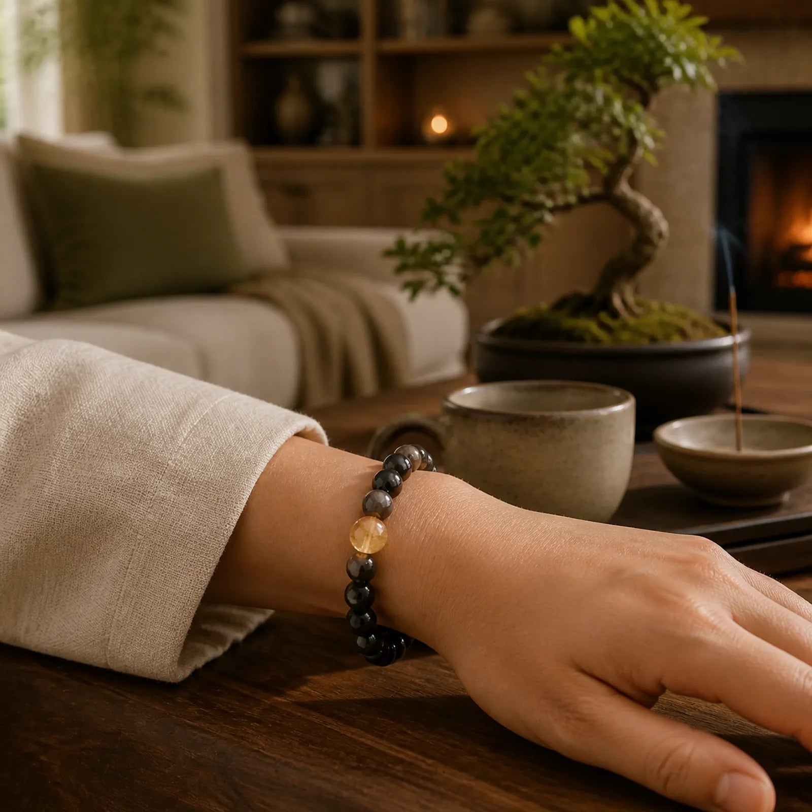 Black Obsidian Grounding Hand-Woven New Chinese Round Bracelet featuring Black Obsidian, Citrine, Green Phantom