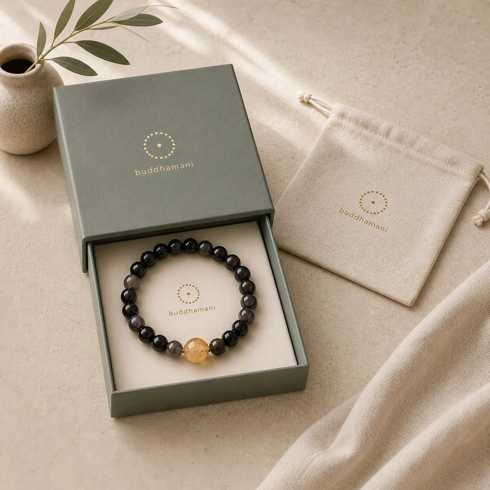 Black Obsidian Grounding Hand-Woven New Chinese Round Bracelet featuring Black Obsidian, Citrine, Green Phantom