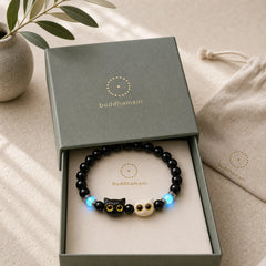 Black Obsidian Hand-Carved Big Eye Cat Relief Bead Bracelet featuring Black Obsidian, Ivory Fruit, Ebony Wood