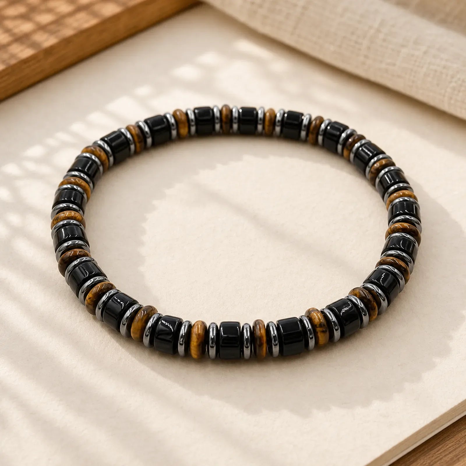 Black Obsidian Hematite Hand Polished Ethnic Luck Flat Bead Bracelet featuring Black Obsidian, Hematite, Tiger Eye