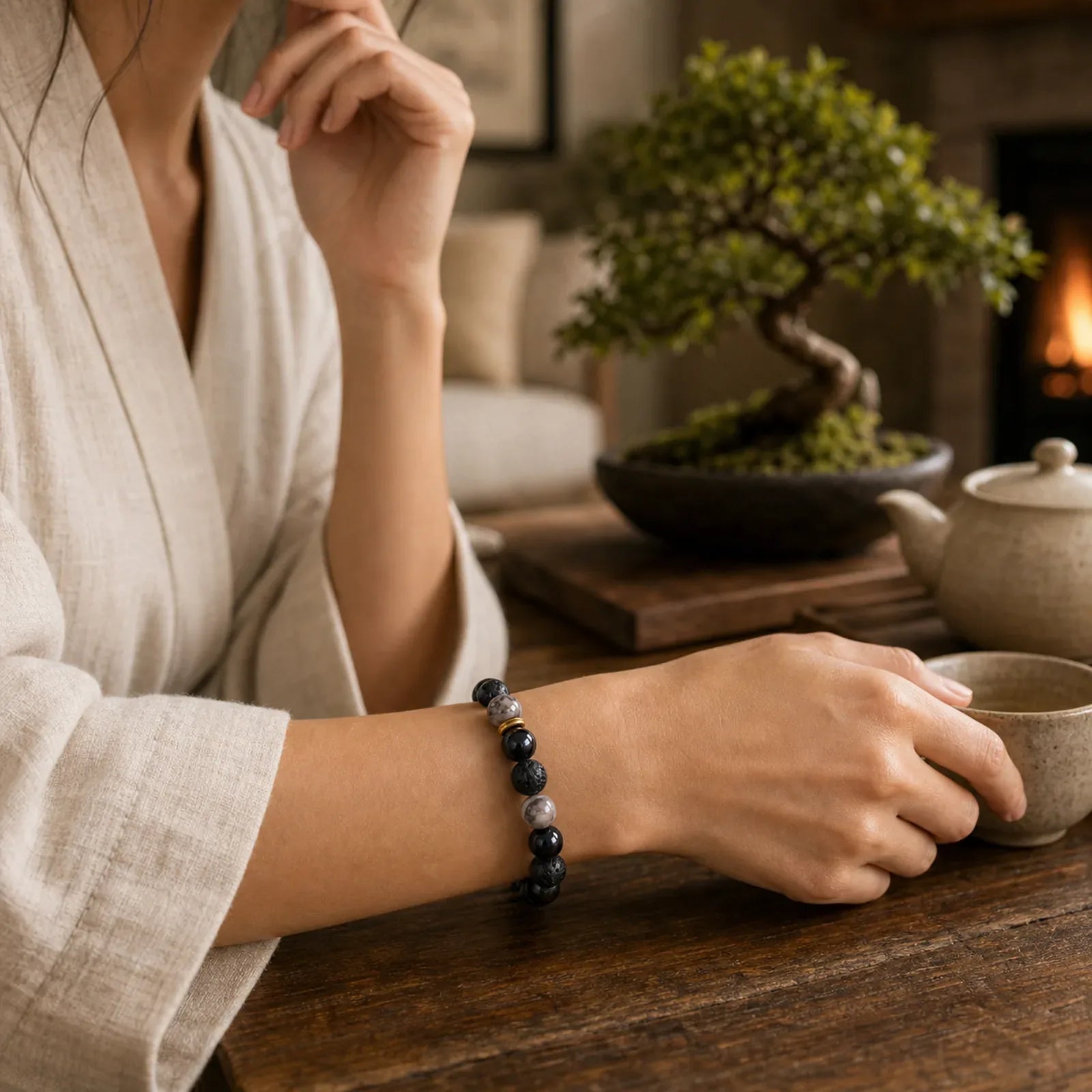 Black Obsidian Lava Rock Stone Yin Yang Strength Bracelet featuring Black Obsidian, Lava Rock, Yin Yang Symbol