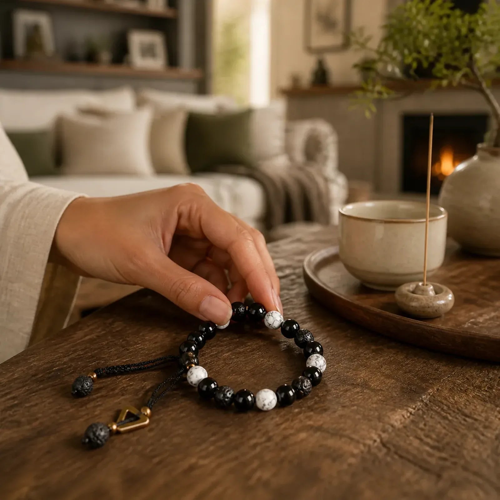 Black Obsidian Lava Rock Stone Yin Yang Strength Bracelet featuring Black Obsidian, Lava Rock, Yin Yang Symbol