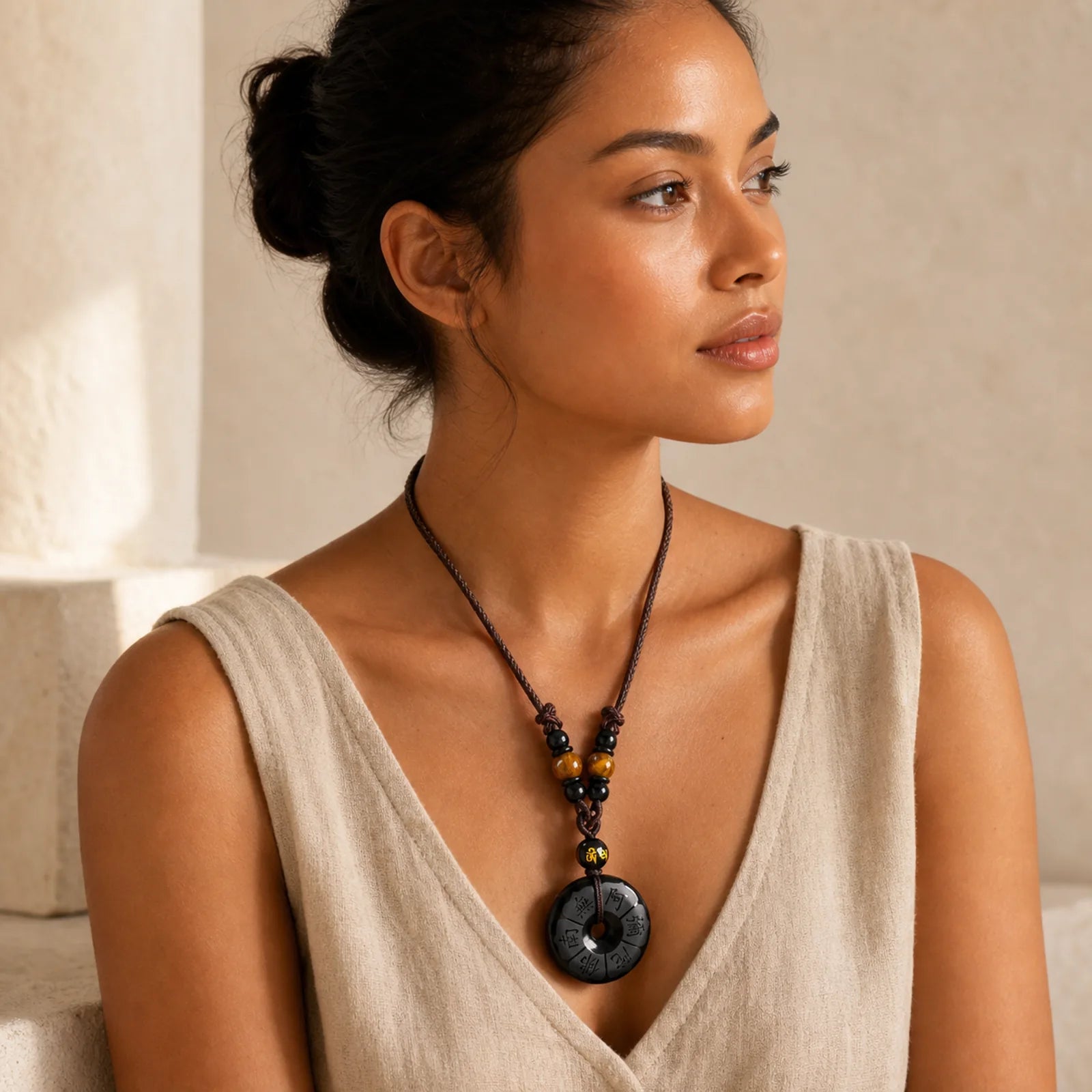 Black Obsidian Namo Ami Peace Buckle Protection Engraved Necklace featuring Black Obsidian, Peace Buckle, Tiger Eye