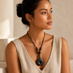 Black Obsidian Namo Ami Peace Buckle Protection Engraved Necklace featuring Black Obsidian, Peace Buckle, Tiger Eye