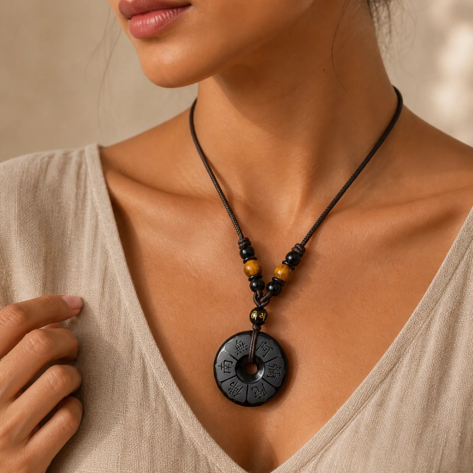 Black Obsidian Namo Ami Peace Buckle Protection Engraved Necklace featuring Black Obsidian, Peace Buckle, Tiger Eye