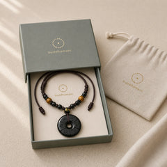 Black Obsidian Namo Ami Peace Buckle Protection Engraved Necklace featuring Black Obsidian, Peace Buckle, Tiger Eye