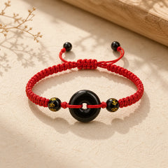 Black Obsidian Peace Buckle Protection Braided Bracelet featuring Black Obsidian, Peace Buckle, Red String
