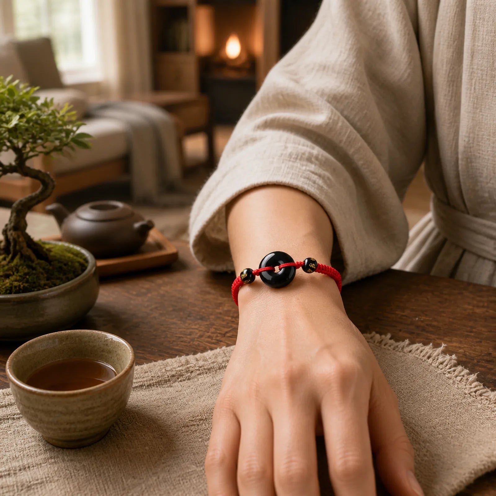 Black Obsidian Peace Buckle Protection Braided Bracelet featuring Black Obsidian, Peace Buckle, Red String