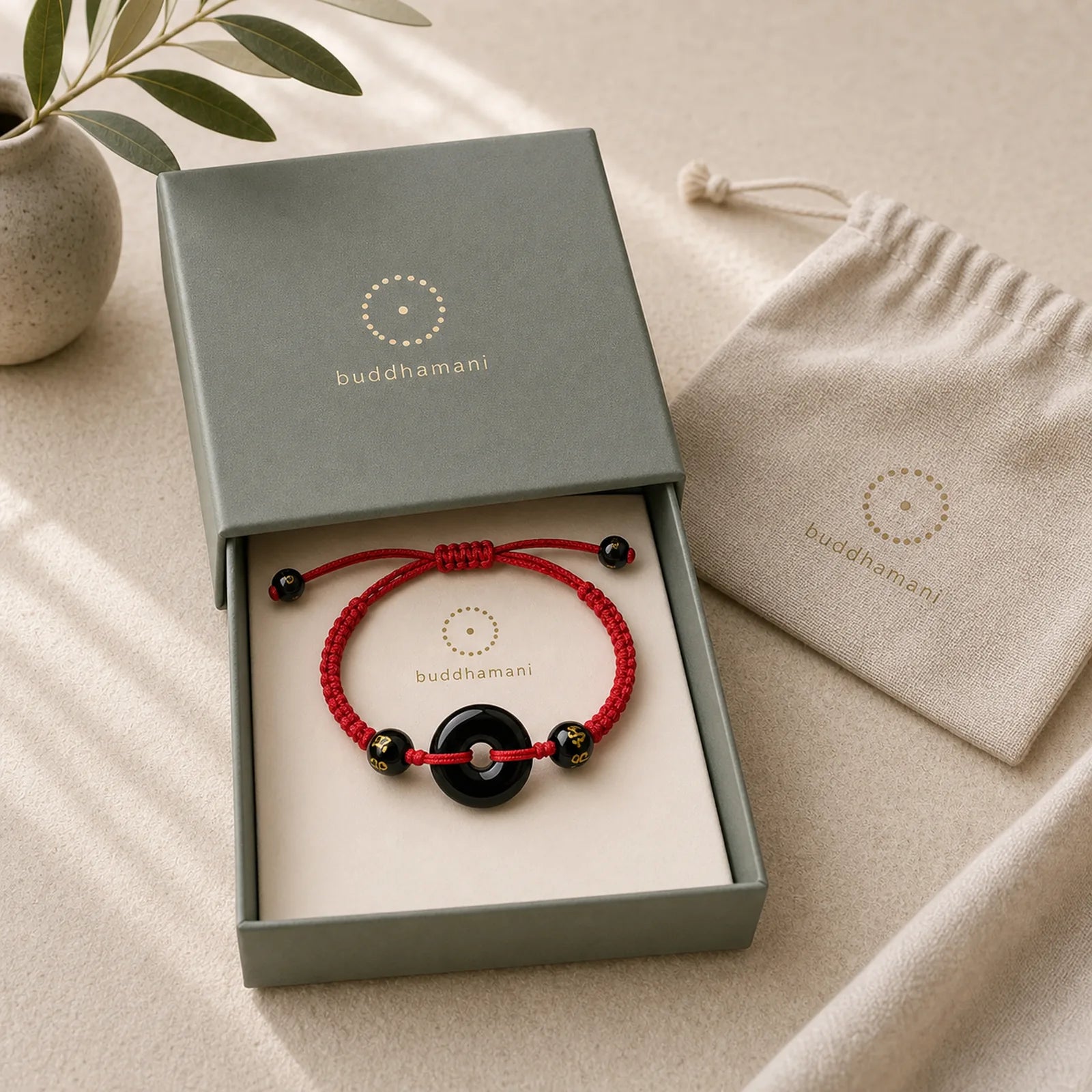 Black Obsidian Peace Buckle Protection Braided Bracelet featuring Black Obsidian, Peace Buckle, Red String