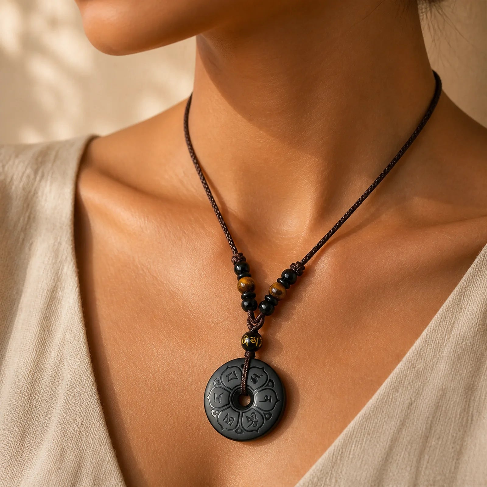 Black Obsidian Peace Buckle Protection Engraved Braided Necklace featuring Black Obsidian, Peace Buckle, Om