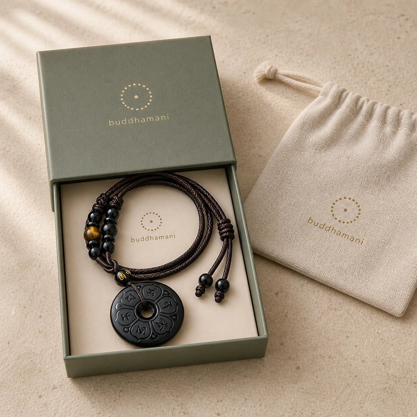 Black Obsidian Peace Buckle Protection Engraved Braided Necklace featuring Black Obsidian, Peace Buckle, Om
