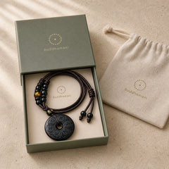 Black Obsidian Peace Buckle Protection Engraved Braided Necklace featuring Black Obsidian, Peace Buckle, Om