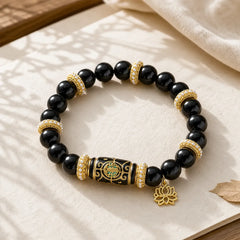 Black Obsidian Resin Barrel Bead Lotus Pendant Protection Round Bead Bracelet featuring Black Obsidian, Lotus, Lotus Symbol