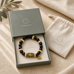 Black Obsidian Resin Barrel Bead Lotus Pendant Protection Round Bead Bracelet featuring Black Obsidian, Lotus, Lotus Symbol