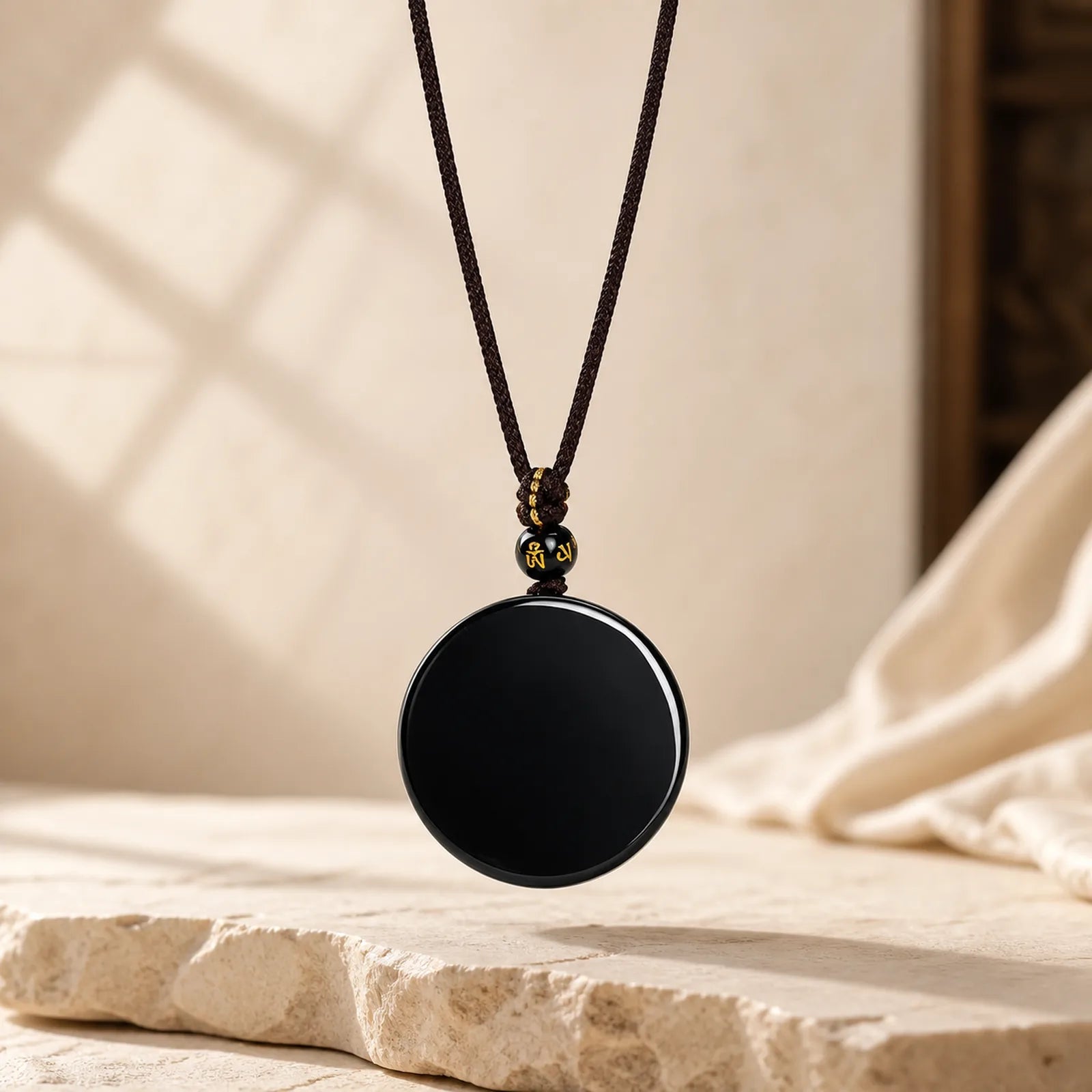 Black Obsidian Round Shape Protection Braided Rope Necklace featuring Black Obsidian