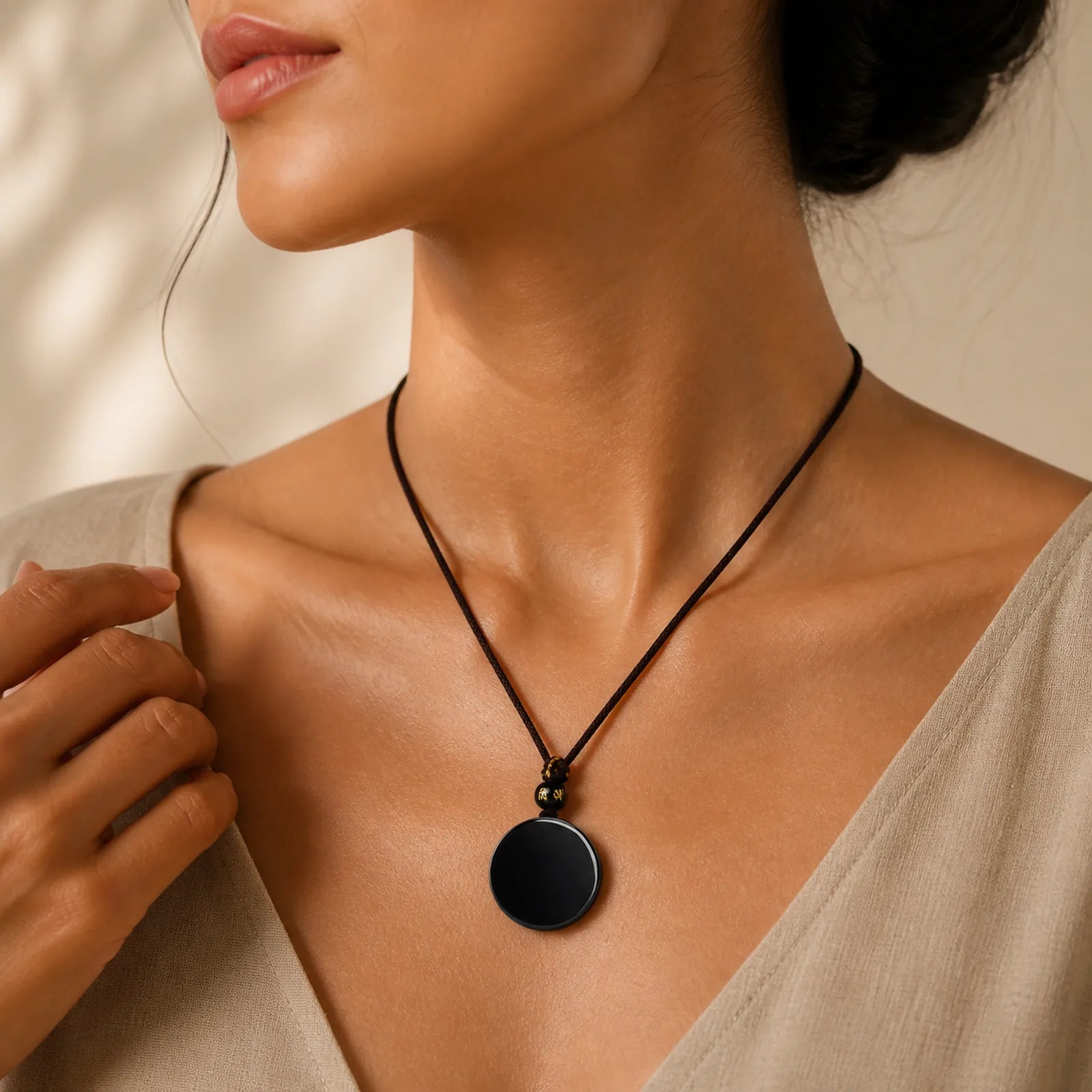 Black Obsidian Round Shape Protection Braided Rope Necklace featuring Black Obsidian