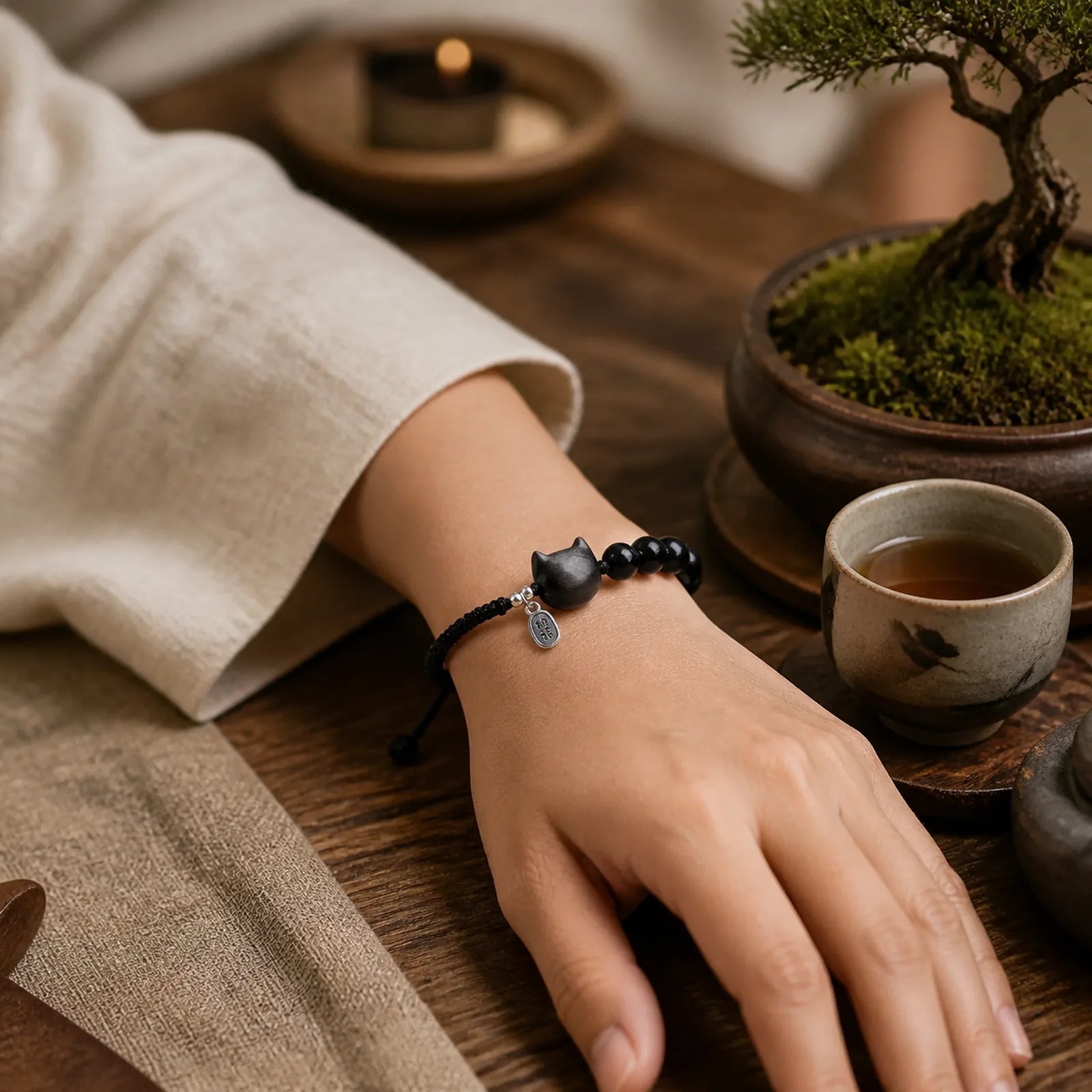 Black Obsidian Silver Sheen Obsidian Cute Cat Dancing Lion Strength Bracelet featuring Black Obsidian, Silver, Silver Sheen Obsidian