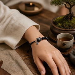 Black Obsidian Silver Sheen Obsidian Cute Cat Dancing Lion Strength Bracelet featuring Black Obsidian, Silver, Silver Sheen Obsidian