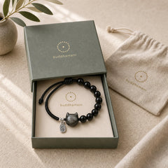 Black Obsidian Silver Sheen Obsidian Cute Cat Dancing Lion Strength Bracelet featuring Black Obsidian, Silver, Silver Sheen Obsidian