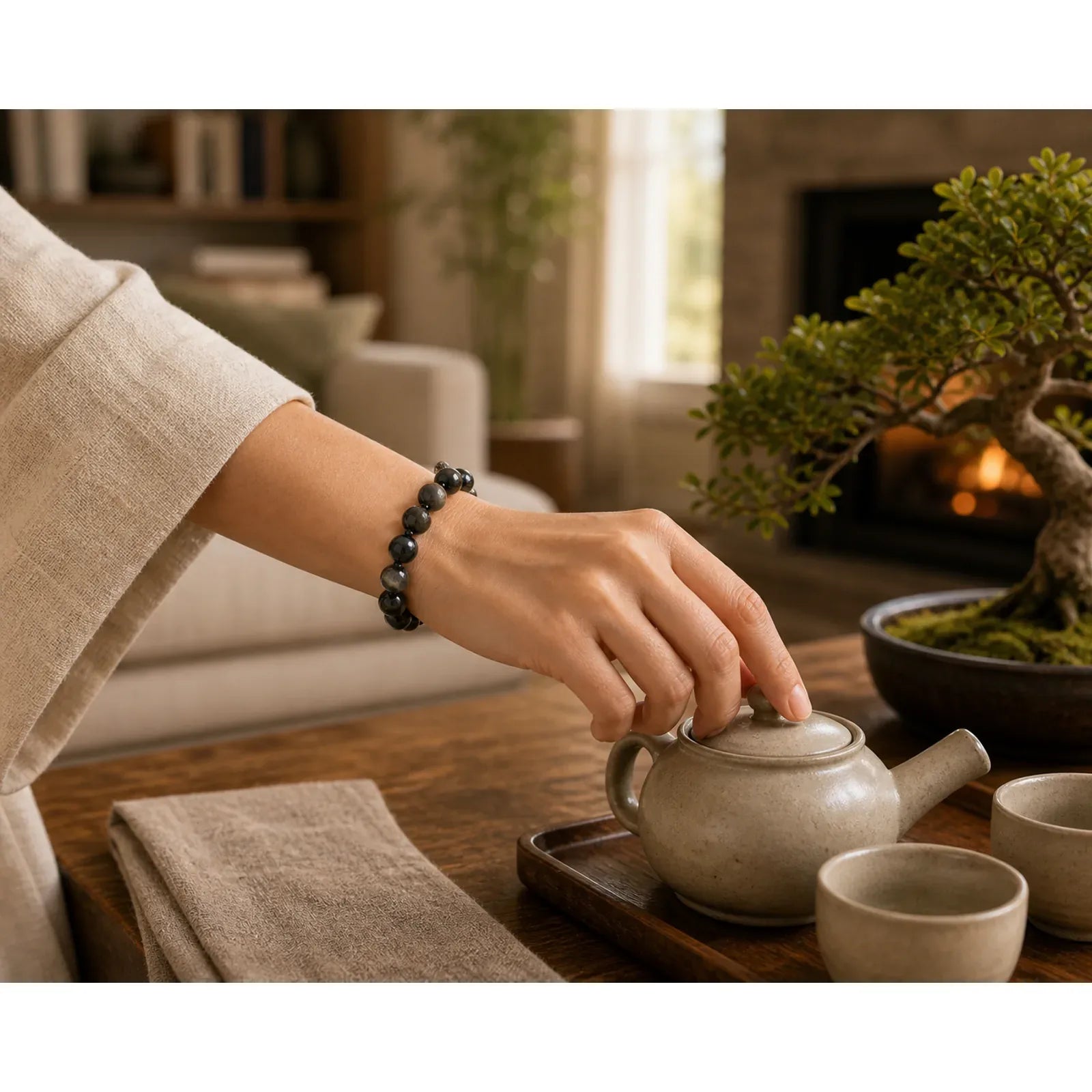 Black Obsidian Single Double Layer Round Bead Protection Bracelet featuring Black Obsidian, Copper