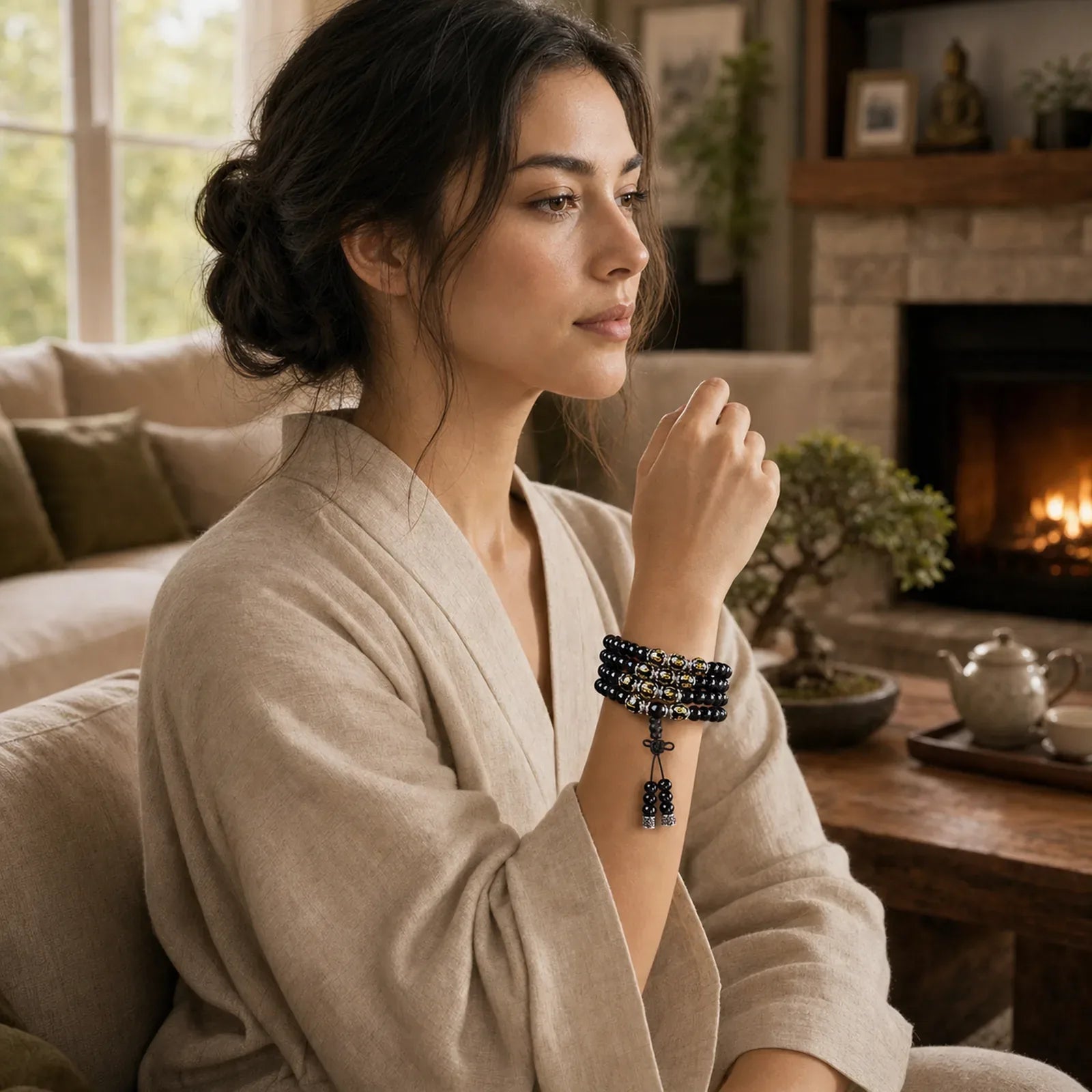 Black Obsidian Six True Words Protection Mala Bracelet featuring Black Obsidian, Om, Six True Words (Om Mani Padme Hum)