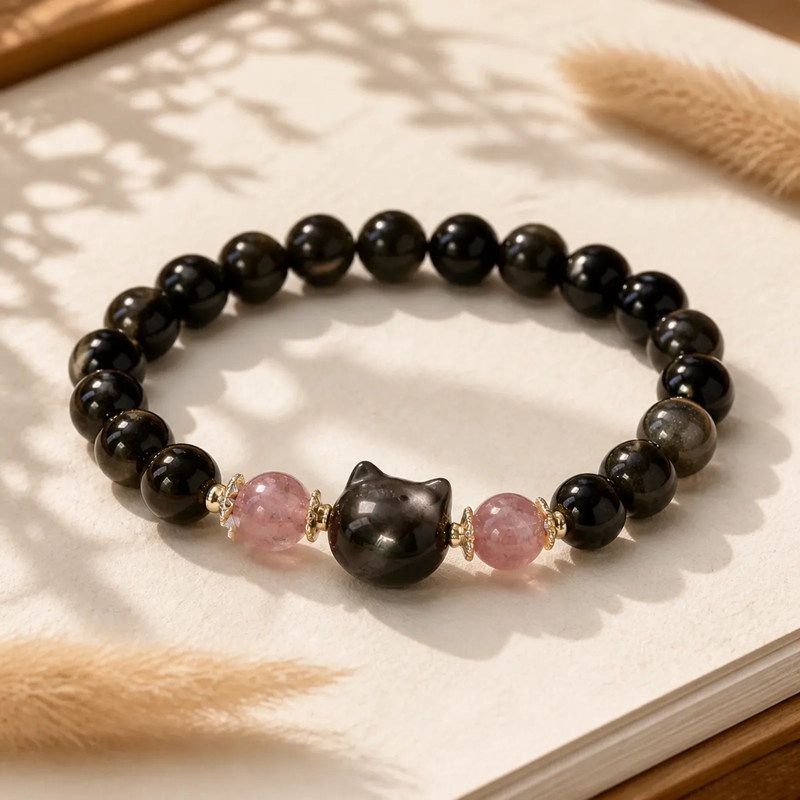 Black Obsidian Strawberry Quartz Beads Silver Sheen Obsidian Cat Head Strength Bracelet featuring Black Obsidian, Strawberry Quartz, Silver