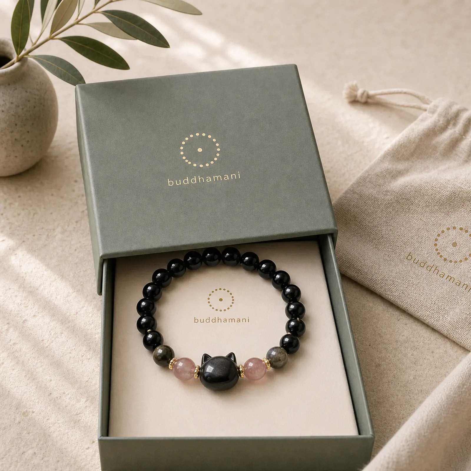Black Obsidian Strawberry Quartz Beads Silver Sheen Obsidian Cat Head Strength Bracelet featuring Black Obsidian, Strawberry Quartz, Silver