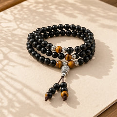 Black Obsidian Tiger Eye Blessing Mala Bracelet featuring Black Obsidian, Tiger Eye