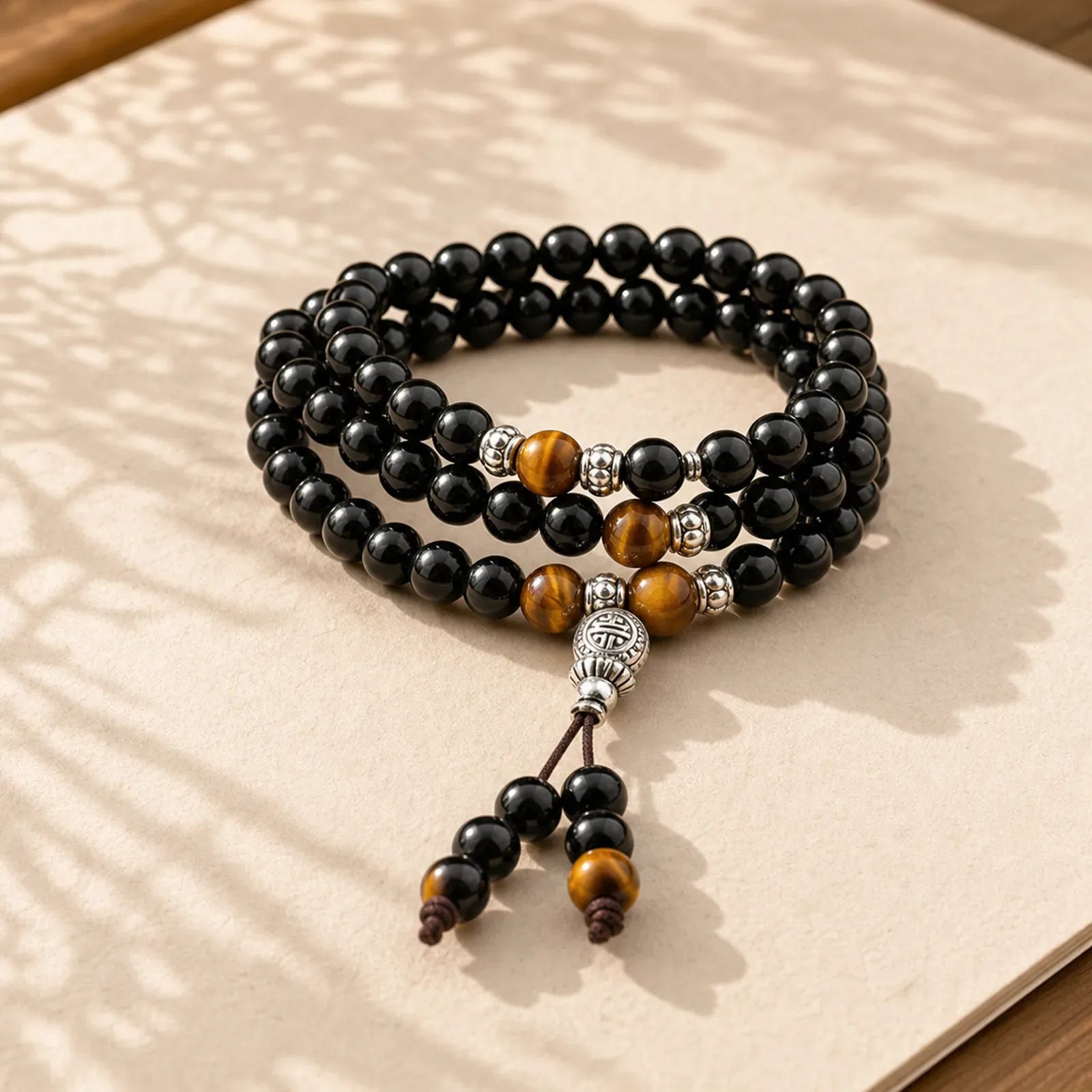 Black Obsidian Tiger Eye Blessing Mala Bracelet featuring Black Obsidian, Tiger Eye