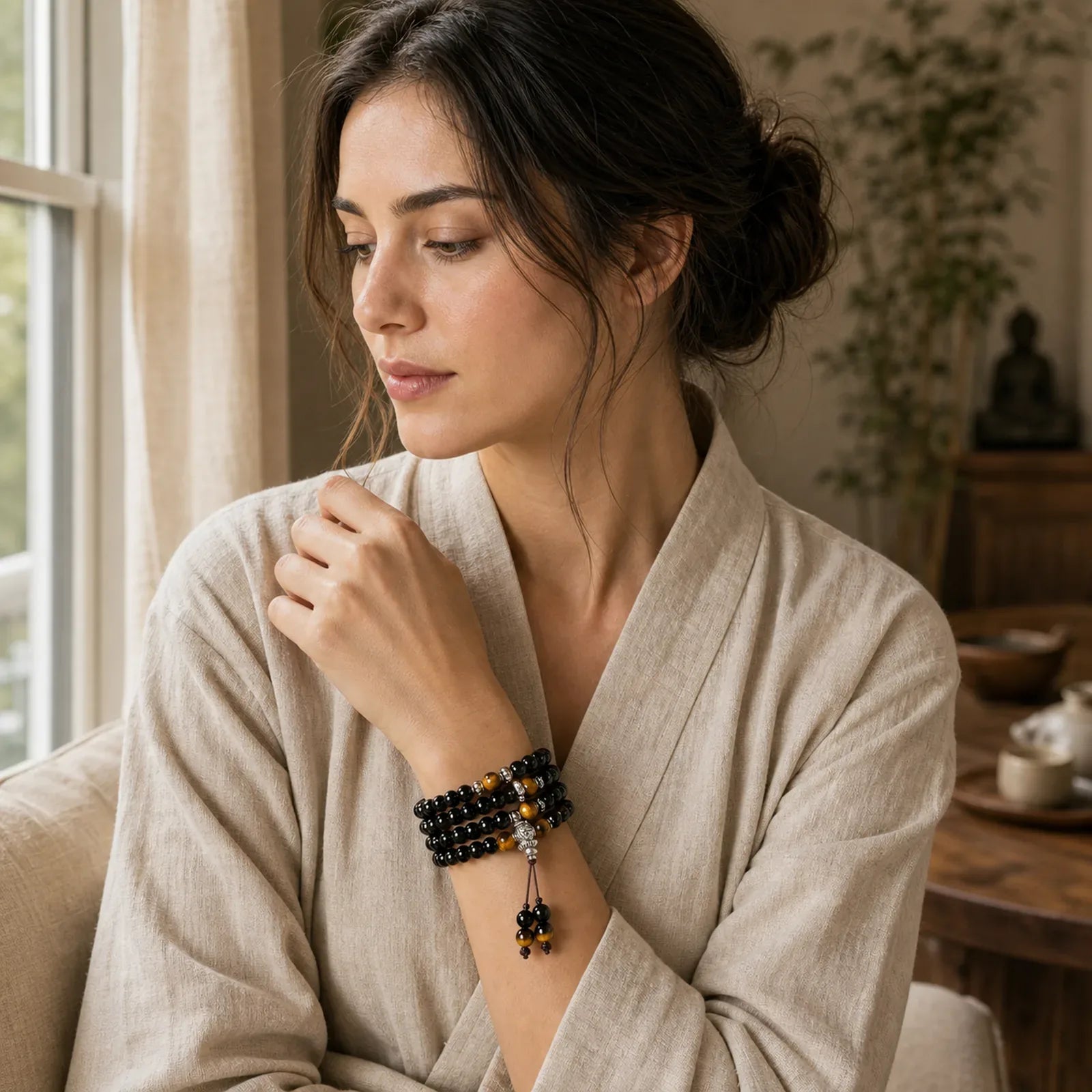 Black Obsidian Tiger Eye Blessing Mala Bracelet featuring Black Obsidian, Tiger Eye