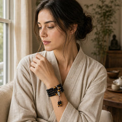 Black Obsidian Tiger Eye Blessing Mala Bracelet featuring Black Obsidian, Tiger Eye