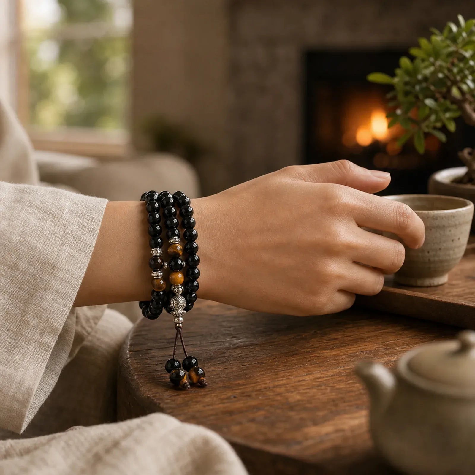 Black Obsidian Tiger Eye Blessing Mala Bracelet featuring Black Obsidian, Tiger Eye