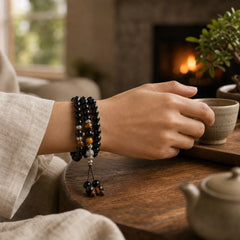 Black Obsidian Tiger Eye Blessing Mala Bracelet featuring Black Obsidian, Tiger Eye